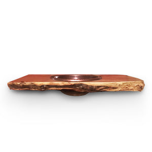 15" round copper drop in sink shown in a happyfrog decor reclaimed wood slab.