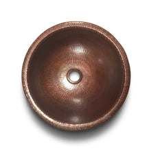 HappyFrog Decor hand hammered 15" round drop in copper sink. Perfect is perfect for reclaimed wood bathroom vanities.